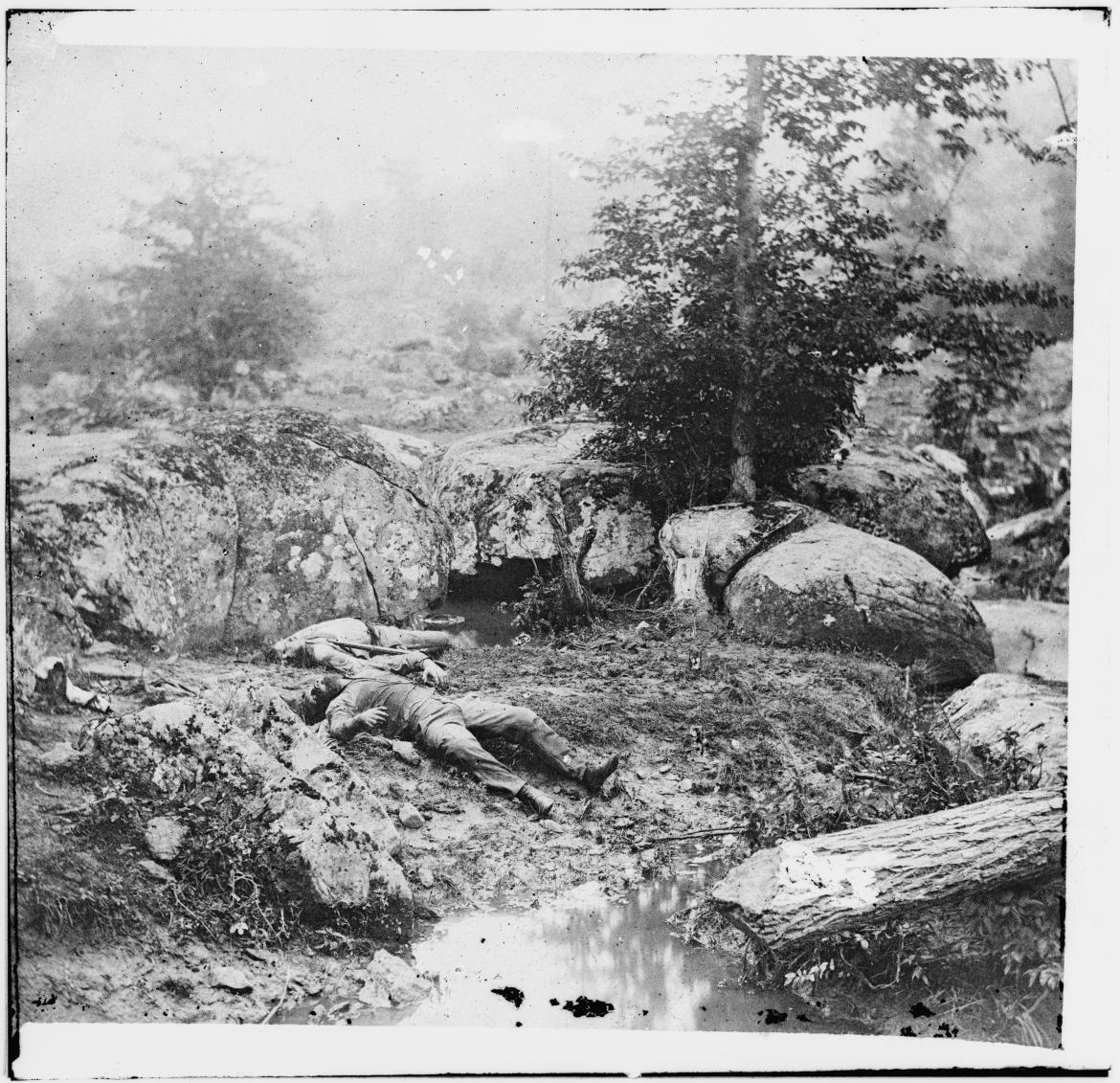 'Dead Confederate soldiers in the â€˜slaughter penâ€™ at the foot of Little Round Top'