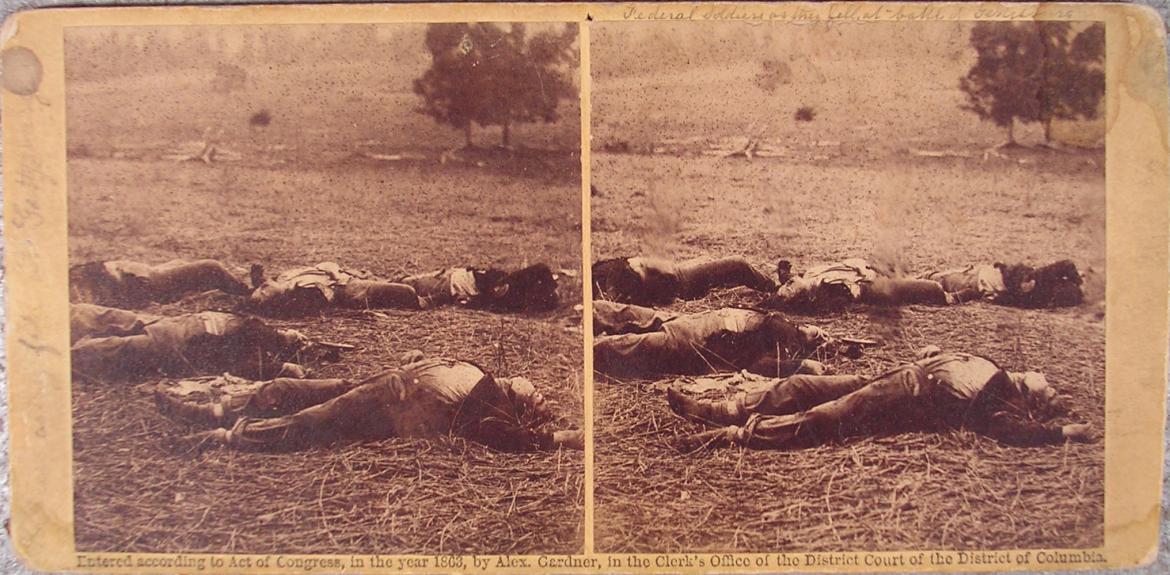 Stereoview titled 'Federal Soldiers As They Fell, At Battle of Gettysburg'