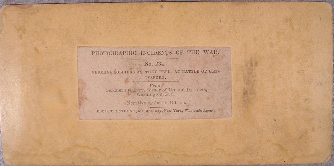 Back of 'Federal Soldiers As They Fell, At Battle of Gettysburg' stereo card