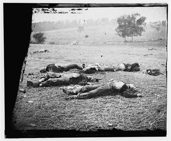 Glass plate 'Gettysburg, Pa. Bodies of Federal Soldiers, Killed on July 1, Near the McPherson Woods'